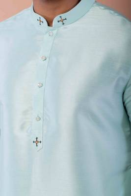 sky blue dupion kurta pyjama set for men with printed design 4