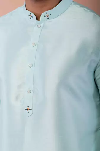 sky blue dupion kurta pyjama set for men with printed design