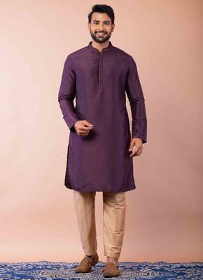 purple dupion kurta pyjama set for men with printed design 1