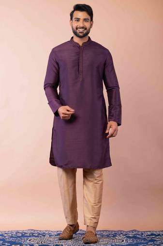 purple dupion kurta pyjama set for men with printed design