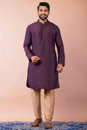 purple dupion kurta pyjama set for men with printed design