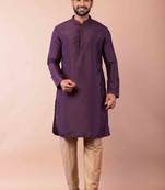 purple dupion kurta pyjama set for men with printed design