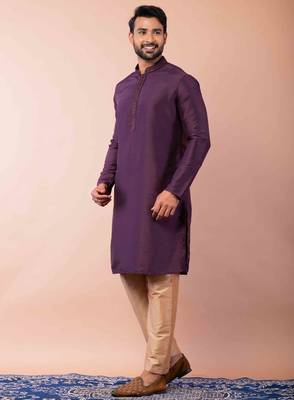purple dupion kurta pyjama set for men with printed design 2