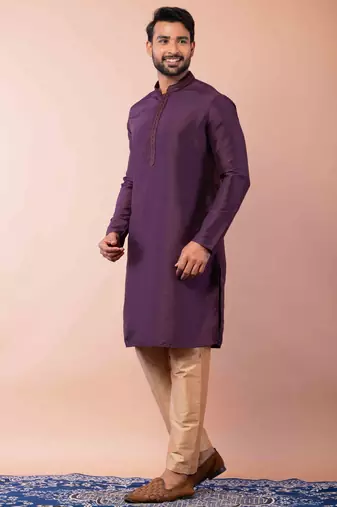 purple dupion kurta pyjama set for men with printed design