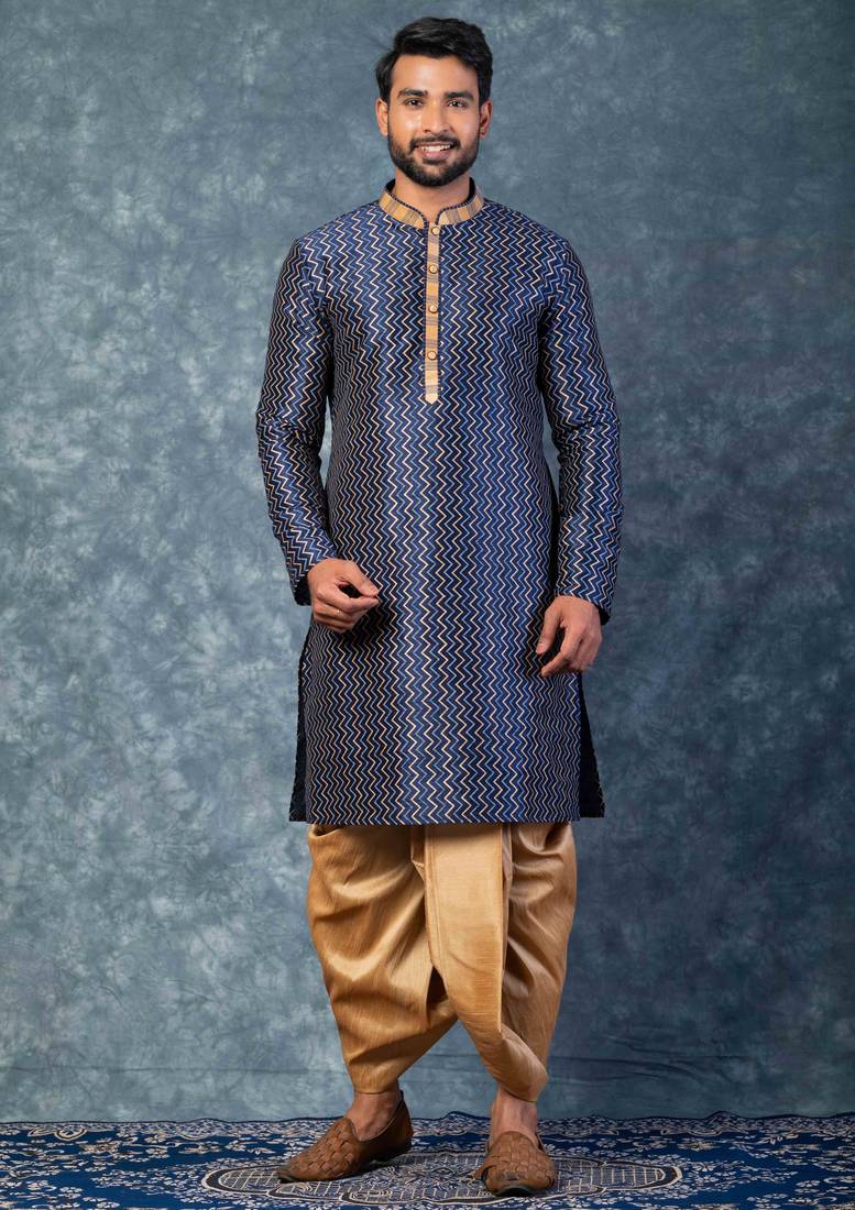navy blue  kurta dhoti  set for men with embroidered work