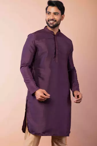 purple dupion kurta pyjama set for men with printed design