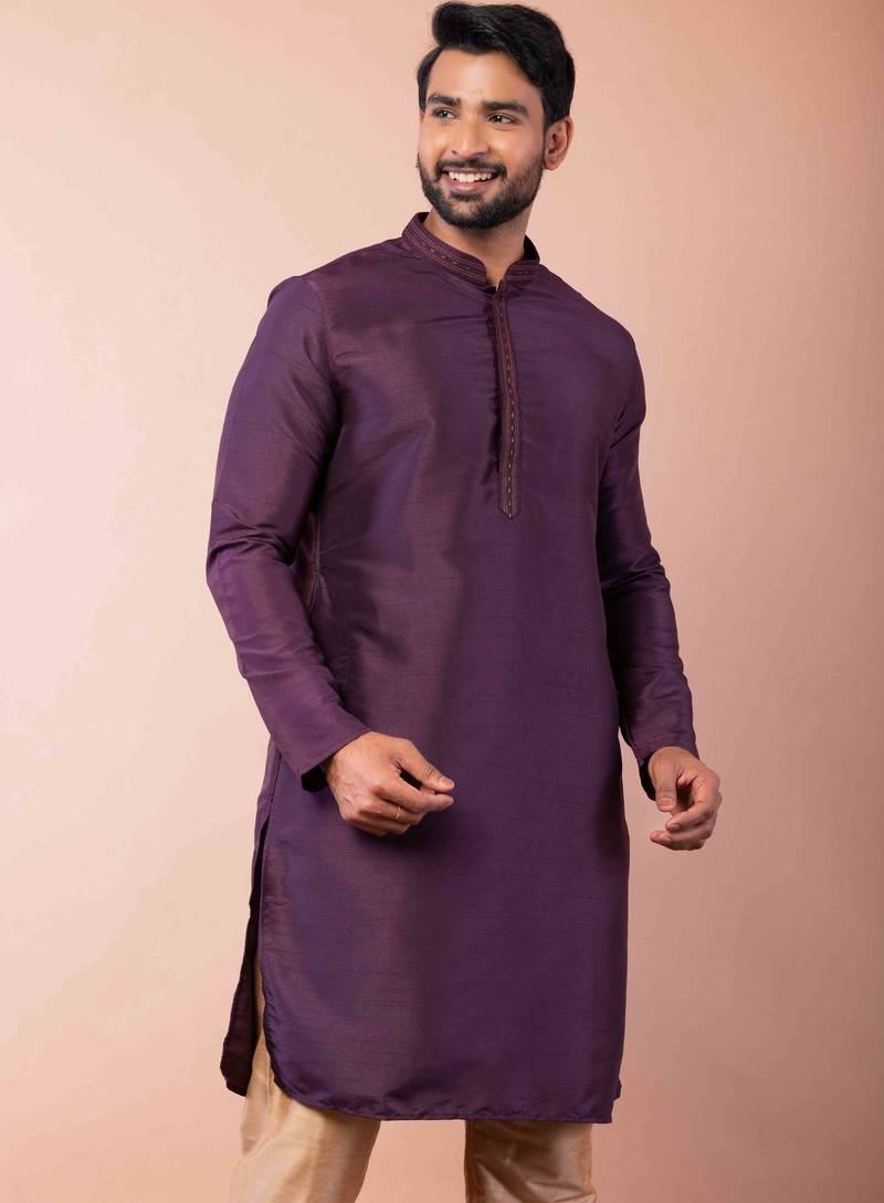 purple dupion kurta pyjama set for men with printed design