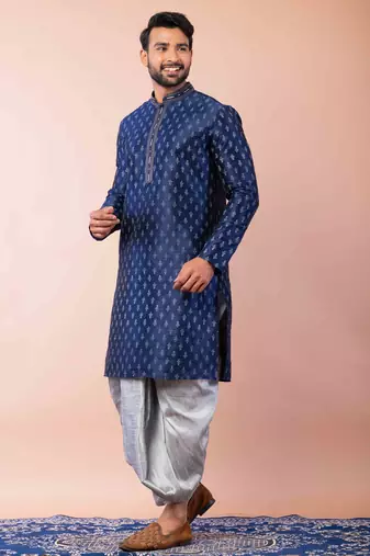 navy blue  kurta dhoti  set for men with embroidered work