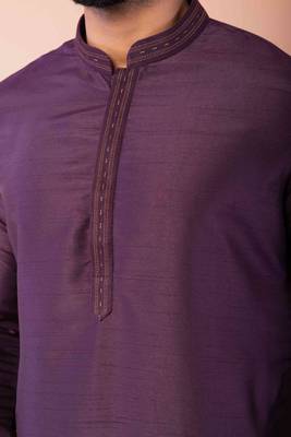 purple dupion kurta pyjama set for men with printed design 4