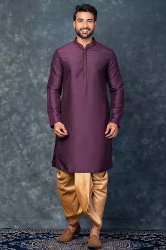 purple kurta dhoti  set for men with embroidered work