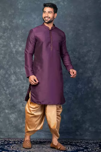 purple kurta dhoti  set for men with embroidered work