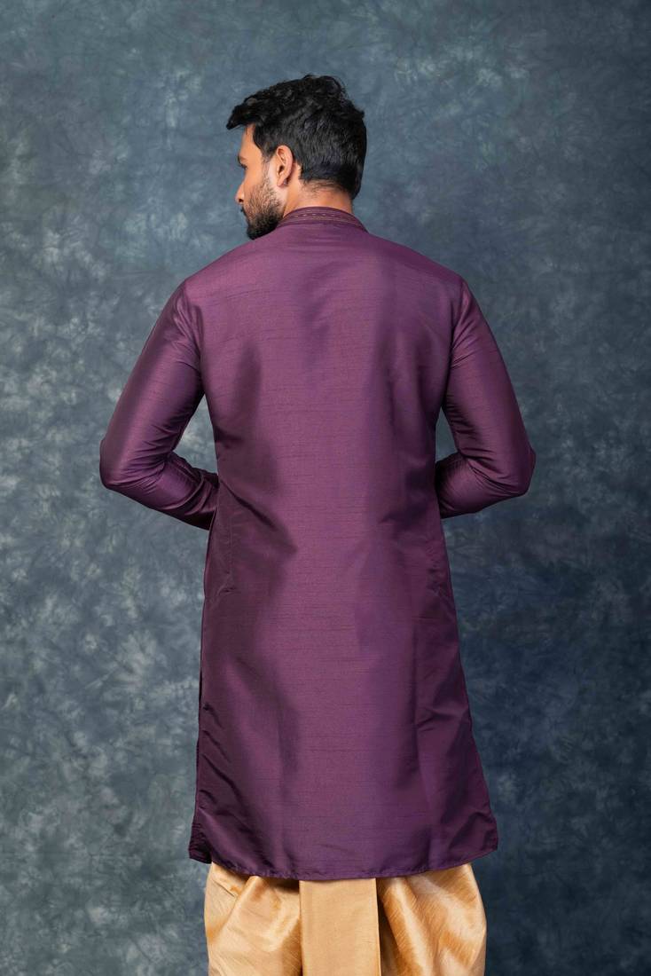 purple kurta dhoti  set for men with embroidered work