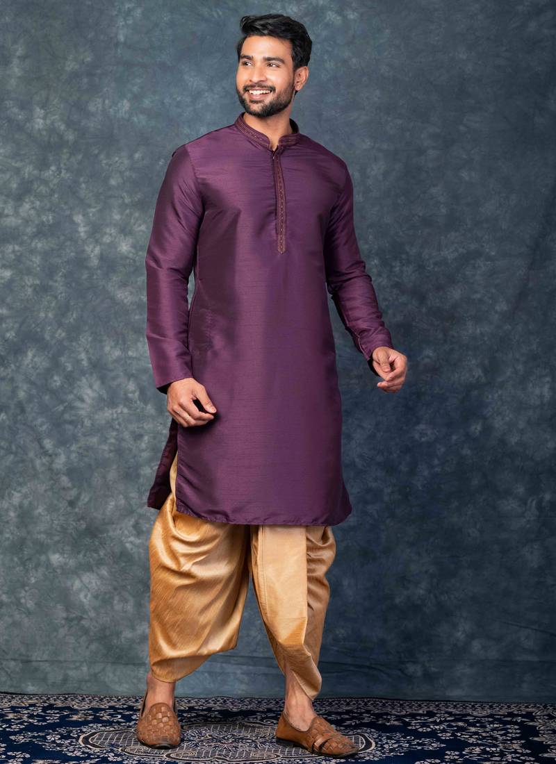 purple kurta dhoti  set for men with embroidered work