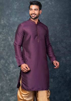 purple kurta dhoti  set for men with embroidered work 3