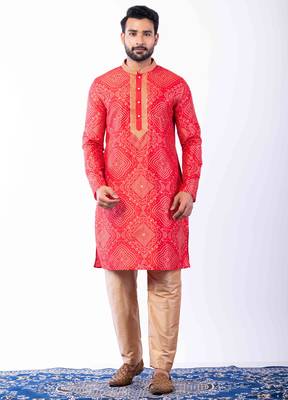 red dupion kurta pyjama set for men with printed design 1