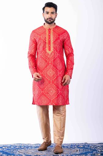 red dupion kurta pyjama set for men with printed design