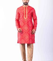 red dupion kurta pyjama set for men with printed design
