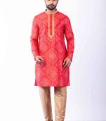 red dupion kurta pyjama set for men with printed design