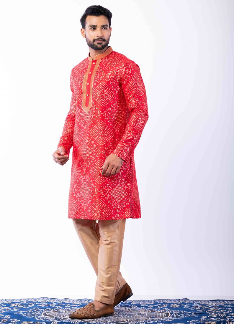 red dupion kurta pyjama set for men with printed design