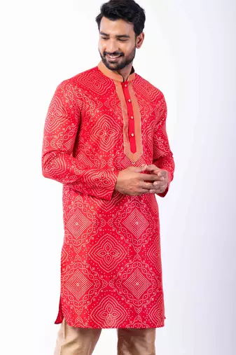 red dupion kurta pyjama set for men with printed design