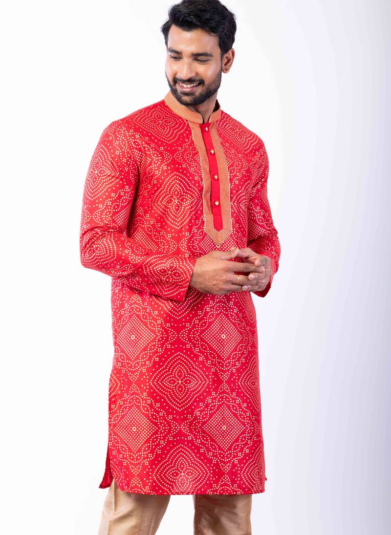 red dupion kurta pyjama set for men with printed design