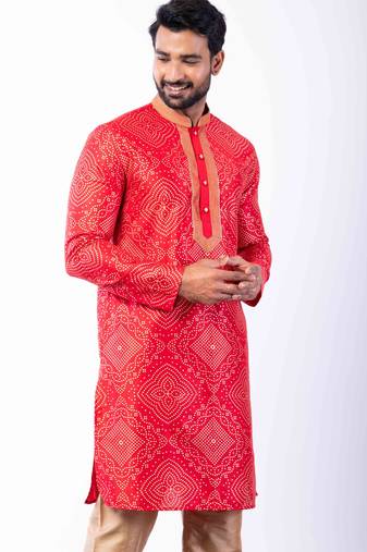 red dupion kurta pyjama set for men with printed design