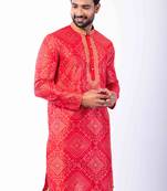 red dupion kurta pyjama set for men with printed design