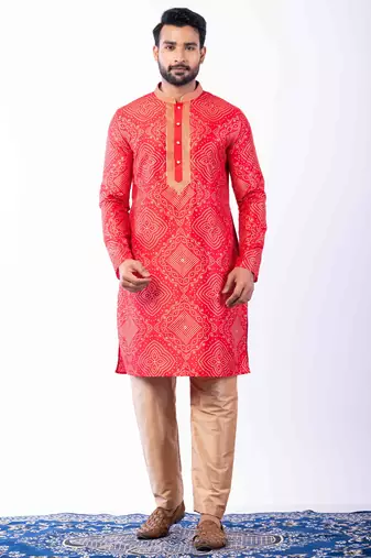 red dupion kurta pyjama set for men with printed design