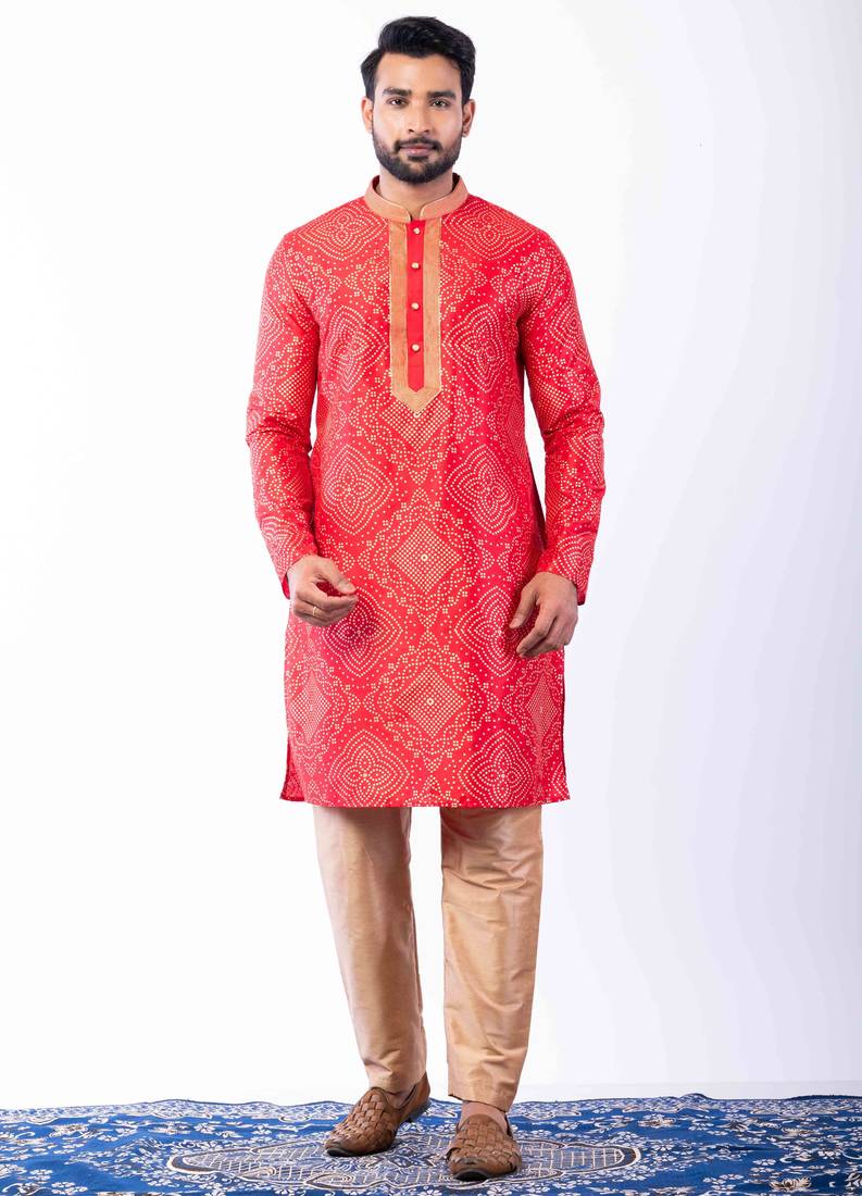 red dupion kurta pyjama set for men with printed design