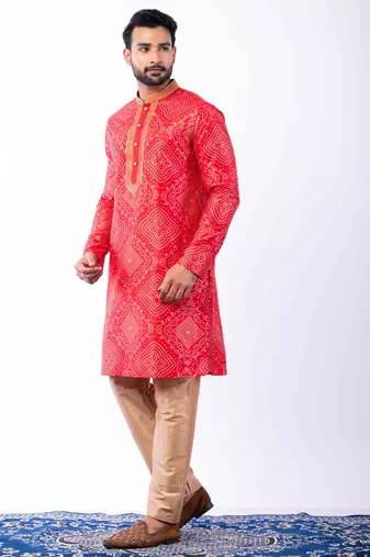 red dupion kurta pyjama set for men with printed design