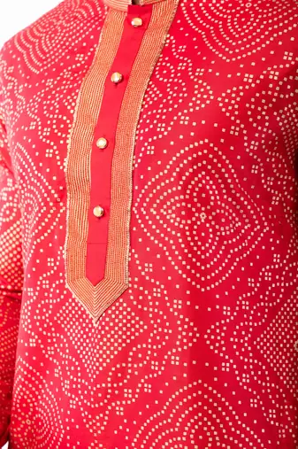 red dupion kurta pyjama set for men with printed design