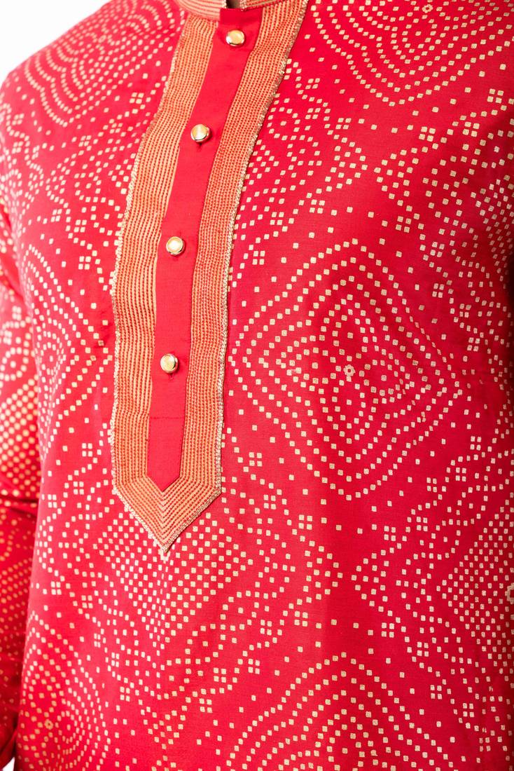 red dupion kurta pyjama set for men with printed design