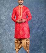 red dupion kurta dhoti  set for men with embroidered work