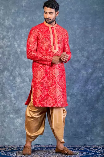 red dupion kurta dhoti  set for men with embroidered work