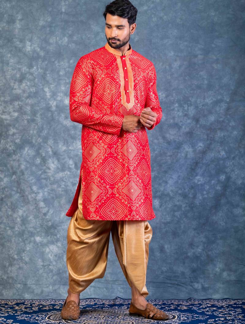 red dupion kurta dhoti  set for men with embroidered work