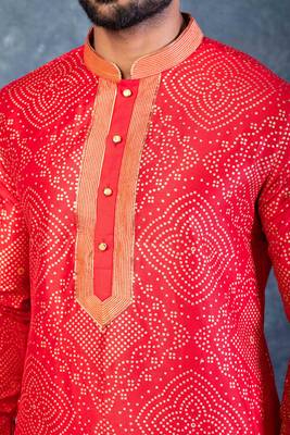 red dupion kurta dhoti  set for men with embroidered work 4