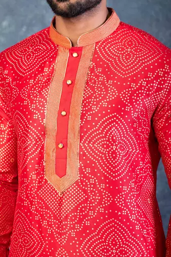 red dupion kurta dhoti  set for men with embroidered work