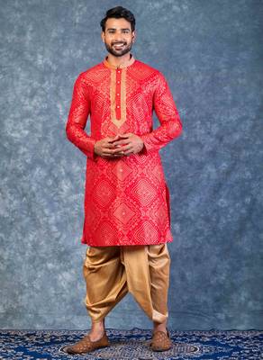 red dupion kurta dhoti  set for men with embroidered work 1