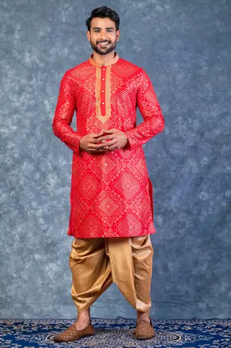 red dupion kurta dhoti  set for men with embroidered work