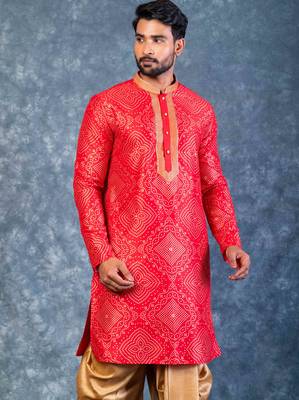 red dupion kurta dhoti  set for men with embroidered work 3