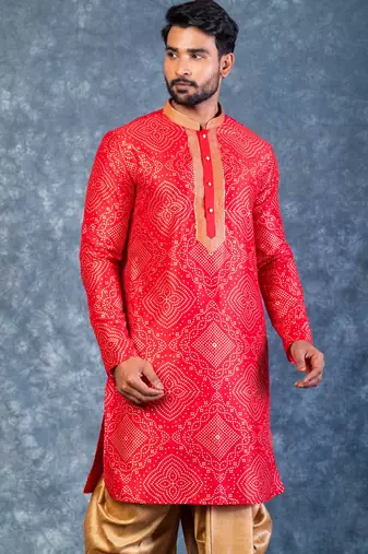 red dupion kurta dhoti  set for men with embroidered work