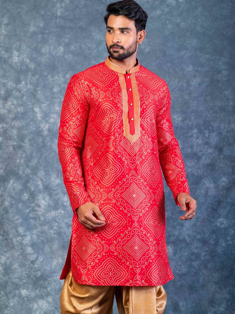 red dupion kurta dhoti  set for men with embroidered work