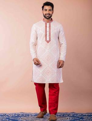 cream white dupion kurta pyjama set for men with printed design 1