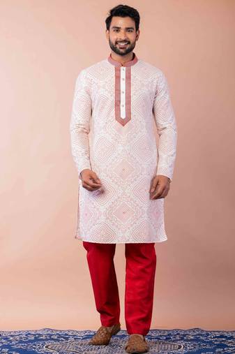 cream white dupion kurta pyjama set for men with printed design