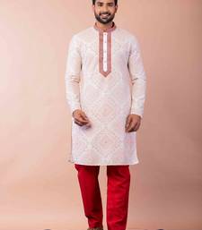 cream white dupion kurta pyjama set for men with printed design