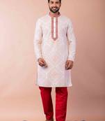 cream white dupion kurta pyjama set for men with printed design