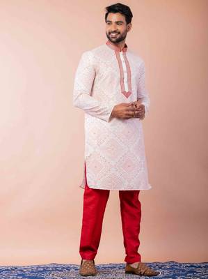 cream white dupion kurta pyjama set for men with printed design 2
