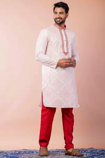 cream white dupion kurta pyjama set for men with printed design