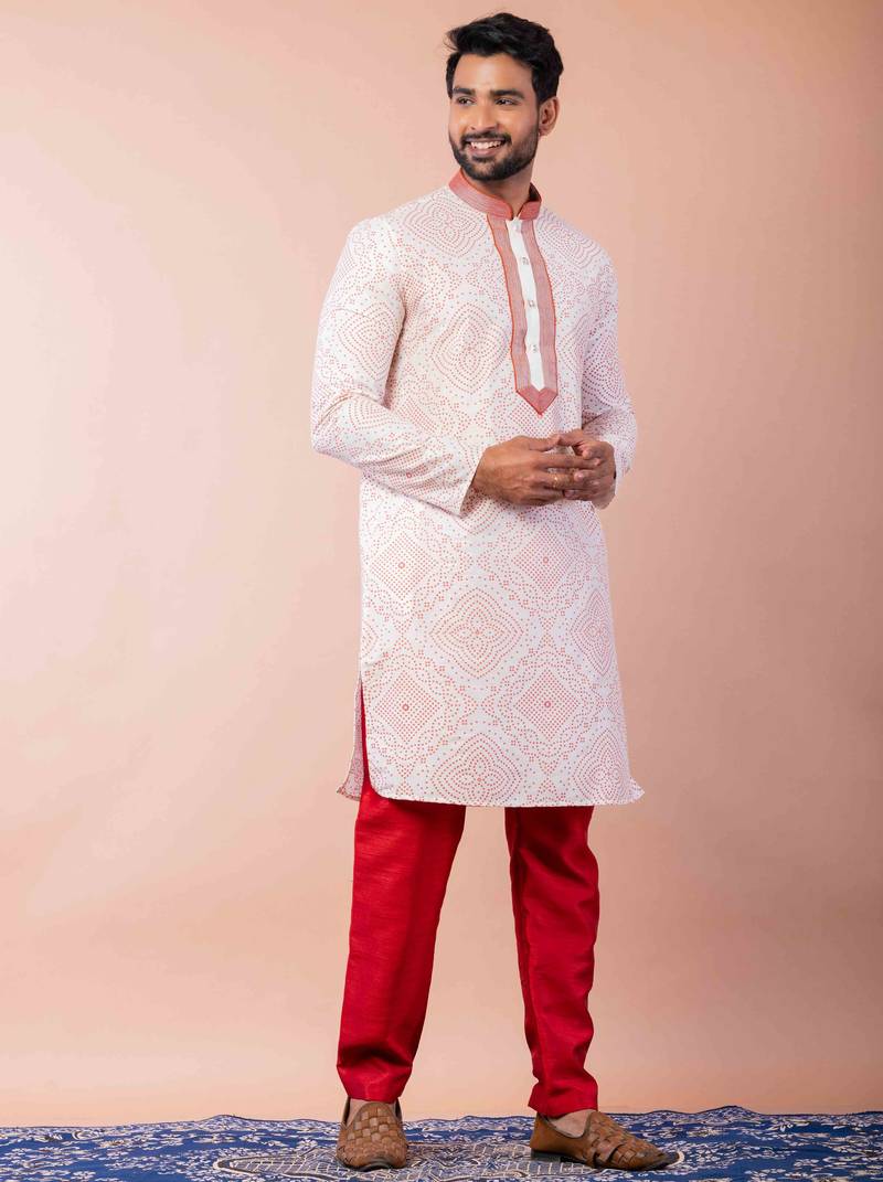 cream white dupion kurta pyjama set for men with printed design