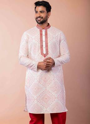 cream white dupion kurta pyjama set for men with printed design 3